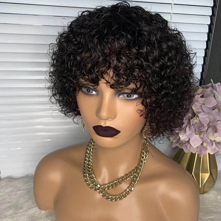 Short Curly Wig With Bangs Human Hair Kinky Curl Wig For African American