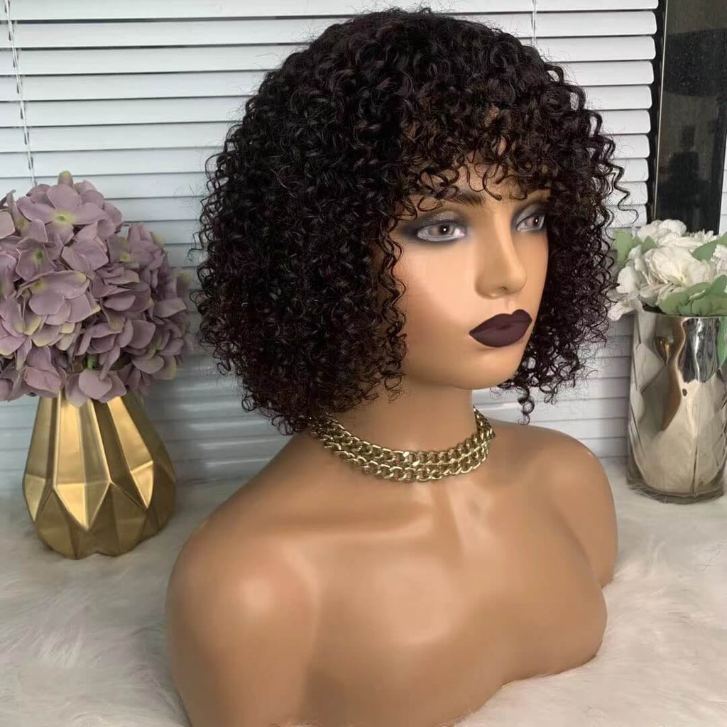 Curly Wig With Bangs Human Hair Black Short Wig For African