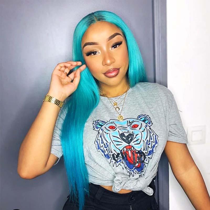 Blue Human Wig Light Blue Lace Front Wig Straight Human Hair 13x4