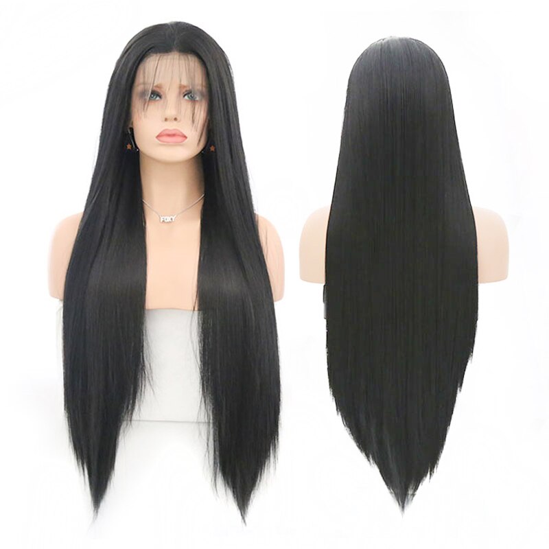 Heat Resistant Fiber black Synthetic Lace Front Wig With Baby Hair For Women