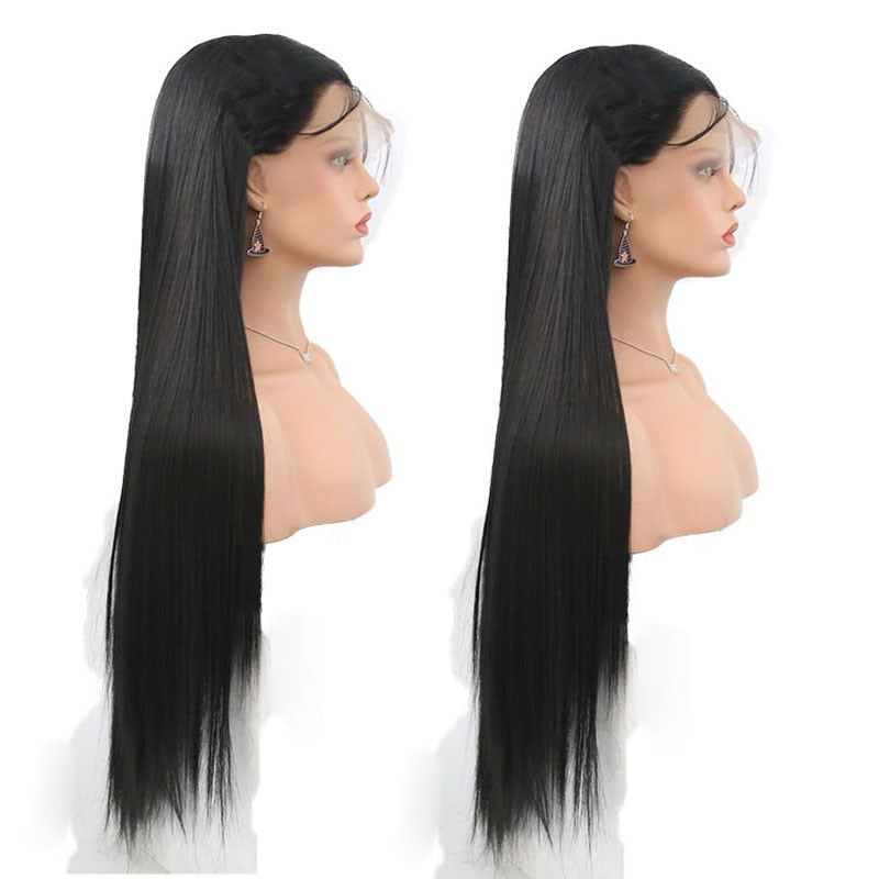 Heat Resistant Fiber black Synthetic Lace Front Wig With Baby Hair For Women