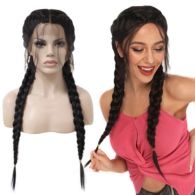 13x4 Black Middle Part Long Double Braids Lace Front Wig