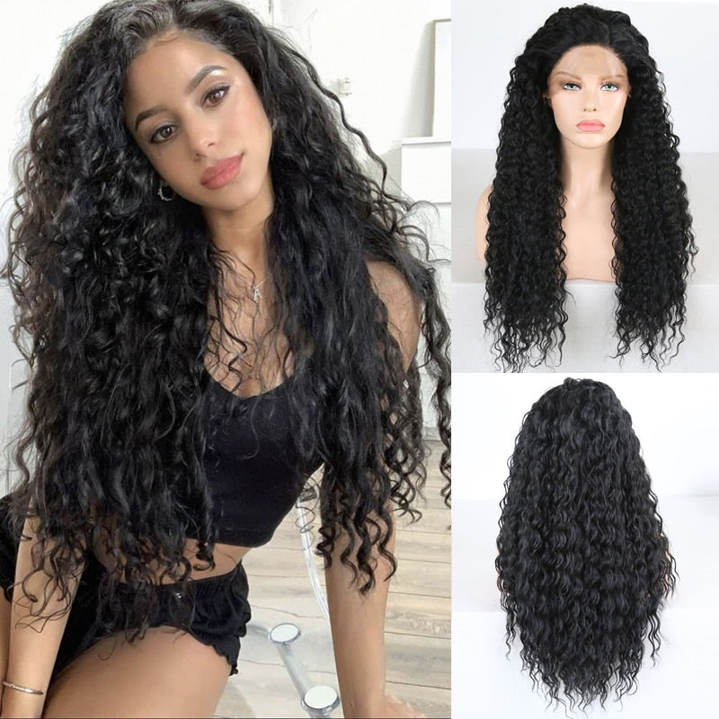 Black Natural wave synthetic lace frontal Wigs with Baby Hair for Black Women