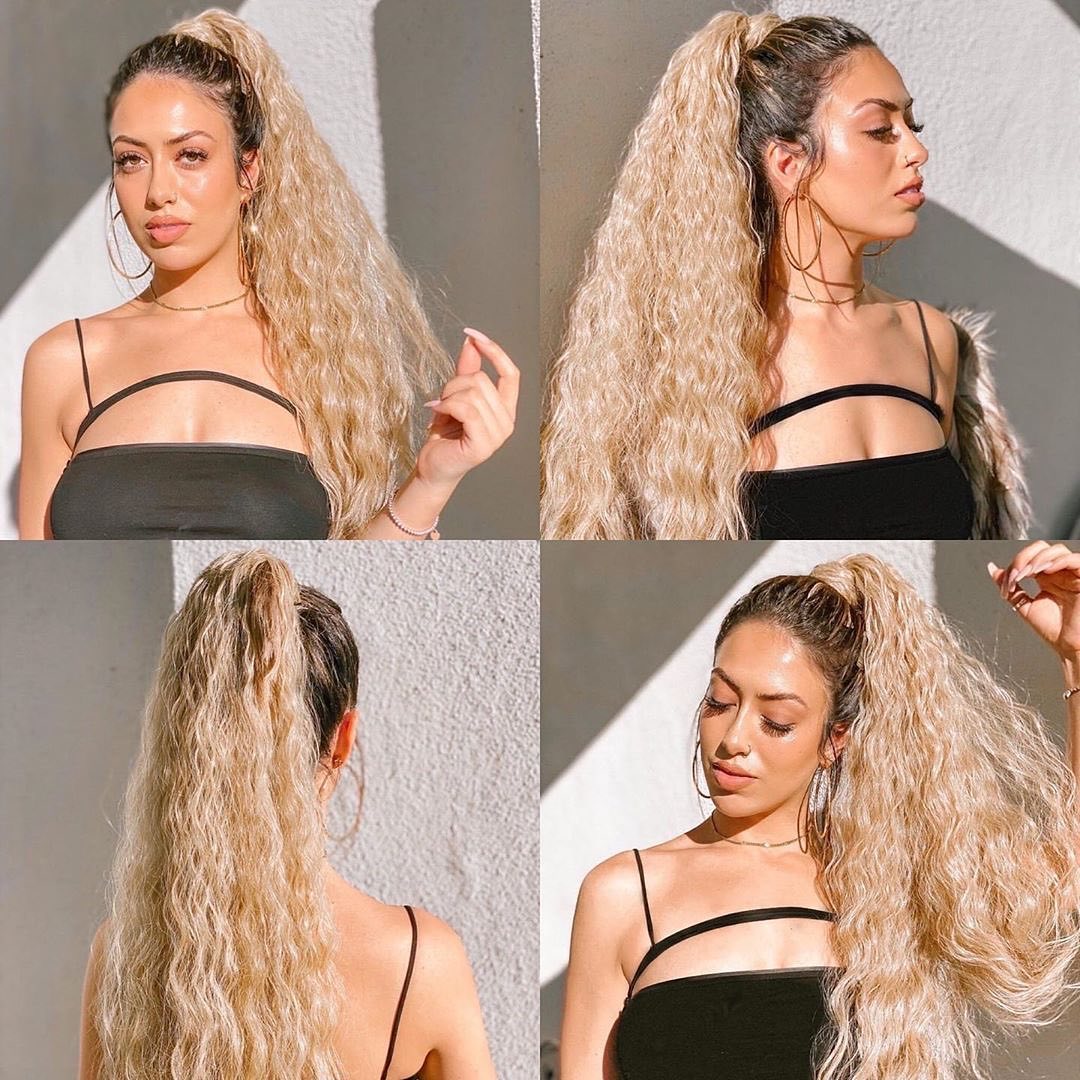 Natural Wavy Long Ponytail Synthetic Hairpiece Wrap on Clip Hair Extensions