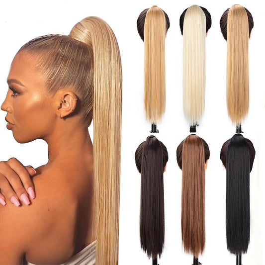 Natural Wavy Long Ponytail Synthetic Hairpiece Wrap on Clip Hair Extensions