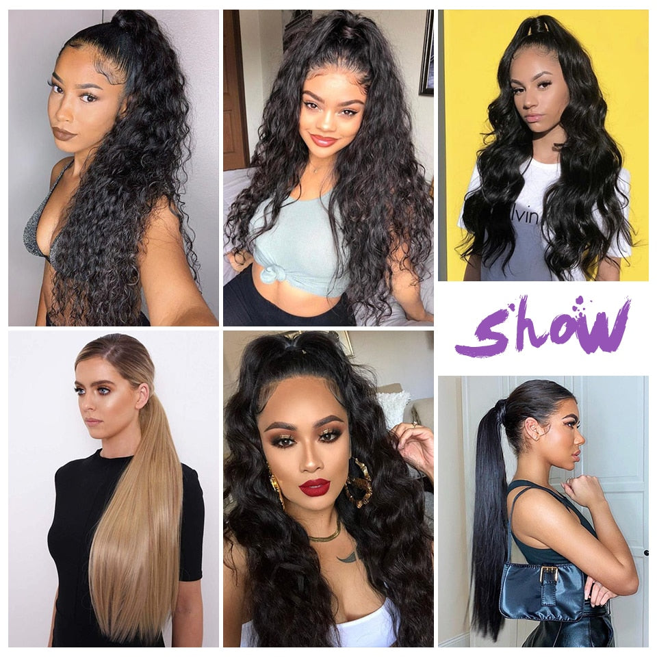 Natural Wavy Long Ponytail Synthetic Hairpiece Wrap on Clip Hair Extensions