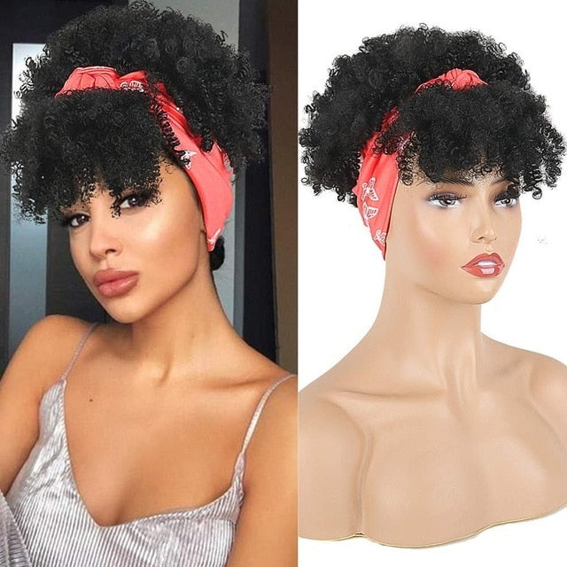 Natural Hair Puff with Bangs Drawstring Afro Kinky Puff with Headband