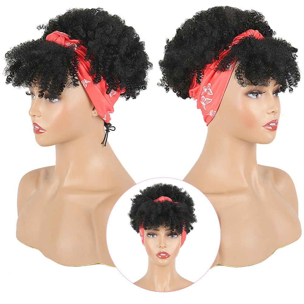 Natural Hair Puff with Bangs Drawstring Afro Kinky Puff with Headband