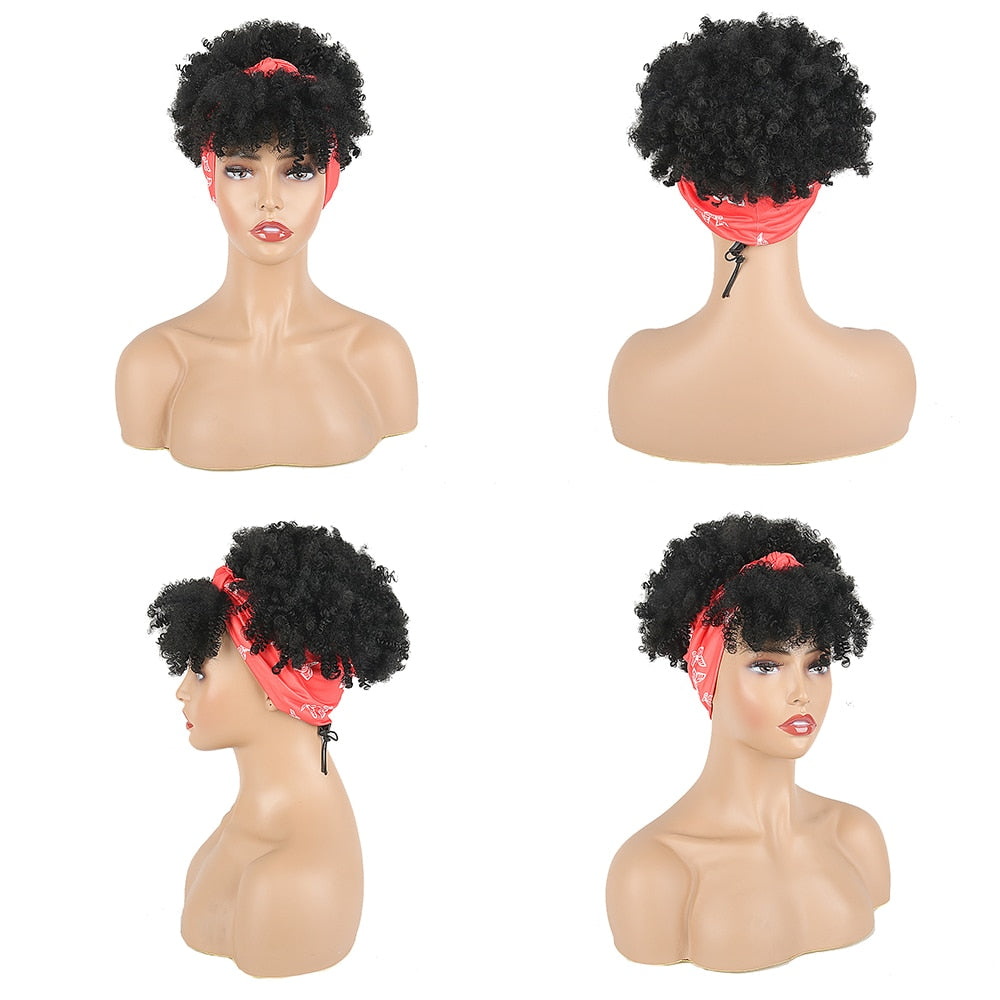 Natural Hair Puff with Bangs Drawstring Afro Kinky Puff with Headband