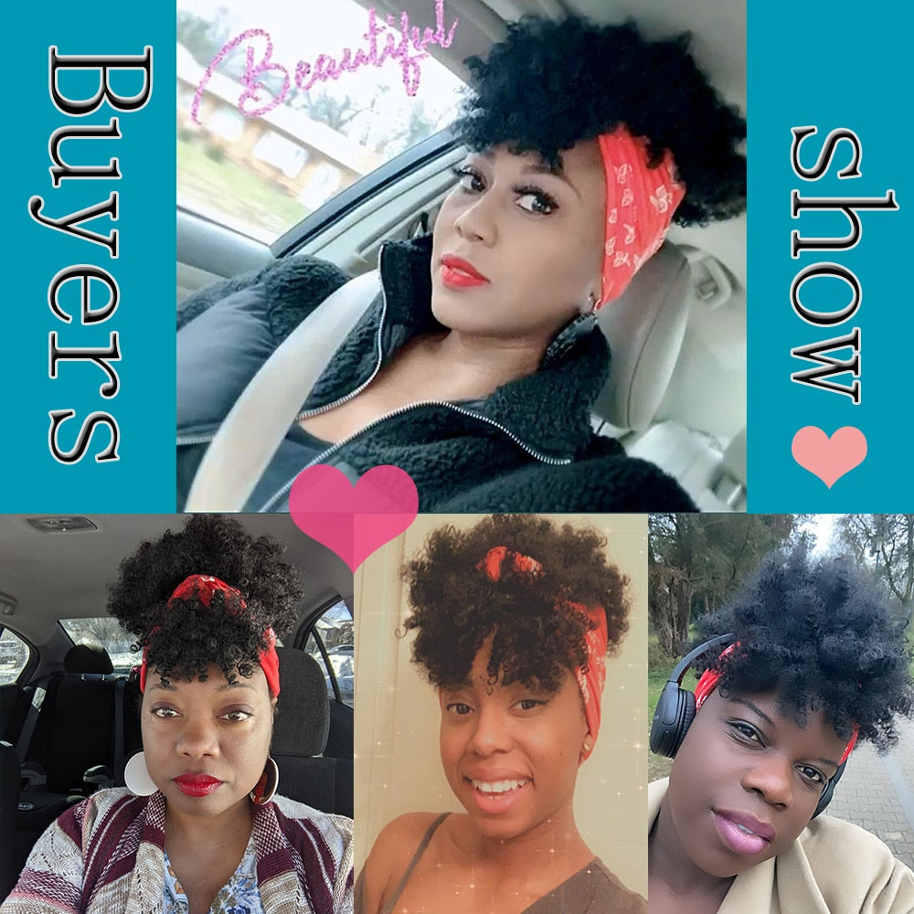 Natural Hair Puff with Bangs Drawstring Afro Kinky Puff with Headband