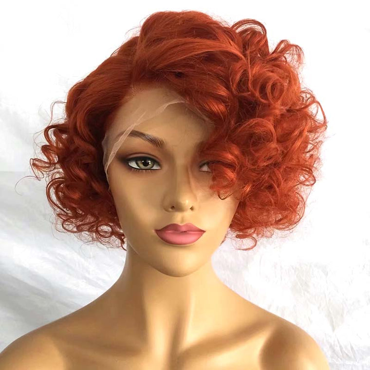 Orange Short Curly Wig Brazilian Human Hair Bob 180% Density
