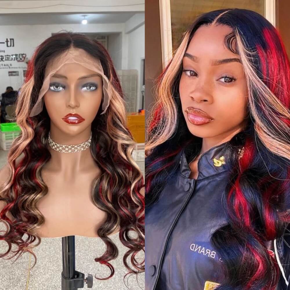 Red Blonde Highlight Lace Wig Loose Wave Human Hair for African American-main