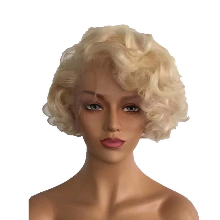 short blonde human hair curly pixie cut wig for black women