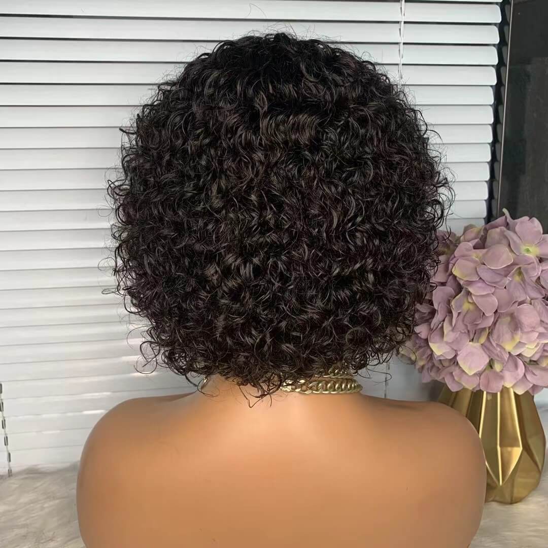 short curly human hair wig with bangs