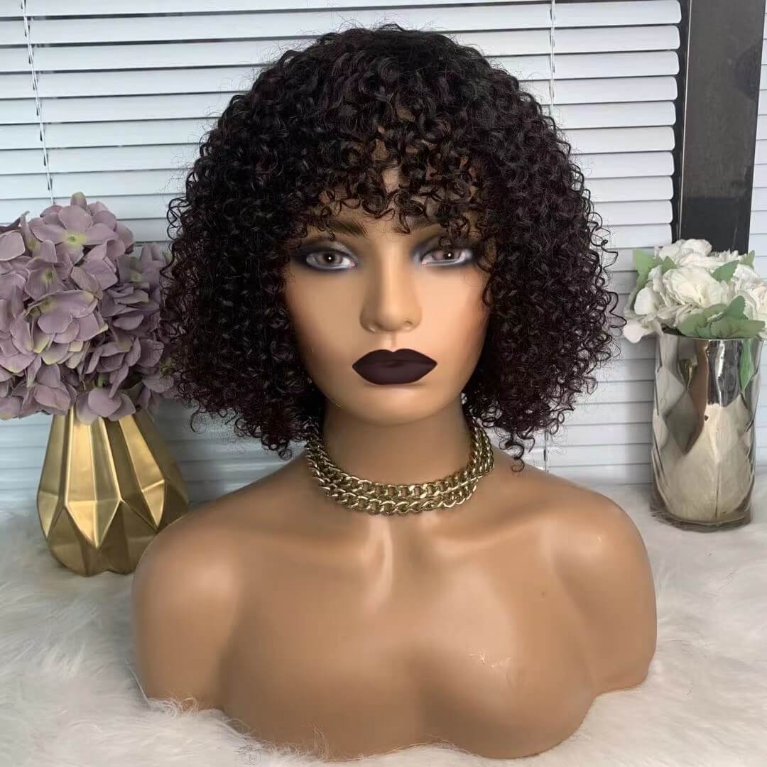 short curly wig with bangs human hair