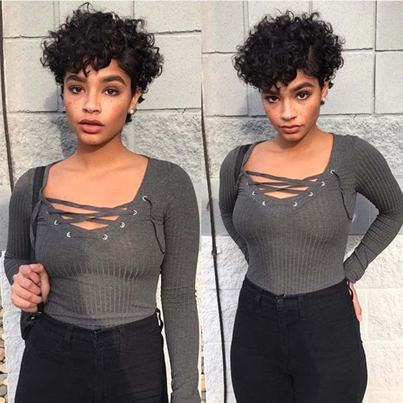 short human hair curly pixie cut wig