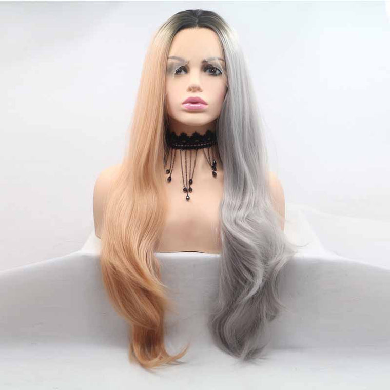 Brown Grey Synthetic hair 13x3 Lace Front Wig 24inch Wavy Wig