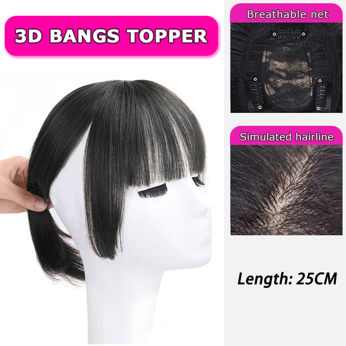 VAVANGA 10inch Long Hair Topper Bangs Clip in 360° Cover Neat Hair Bangs Princess Cut 3D Bangs Topper Flat French Bangs with Thick Temples Natural Curtain Bangs Straight Hair Piece for Women