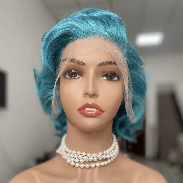 Blue Wavy Pixie Cut Lace Frontal Wig Brazilian Hair for African American-1