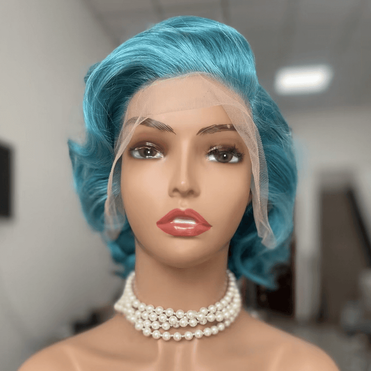 Blue Wavy Pixie Cut Lace Frontal Wig Brazilian Hair for African American-4