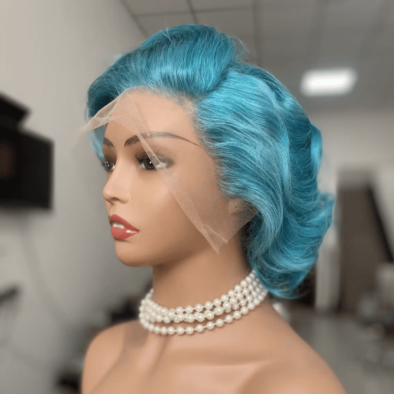 Blue Wavy Pixie Cut Lace Frontal Wig Brazilian Hair for African American-2