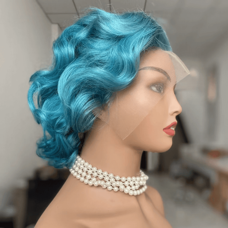 Blue Wavy Pixie Cut Lace Frontal Wig Brazilian Hair for African American-3