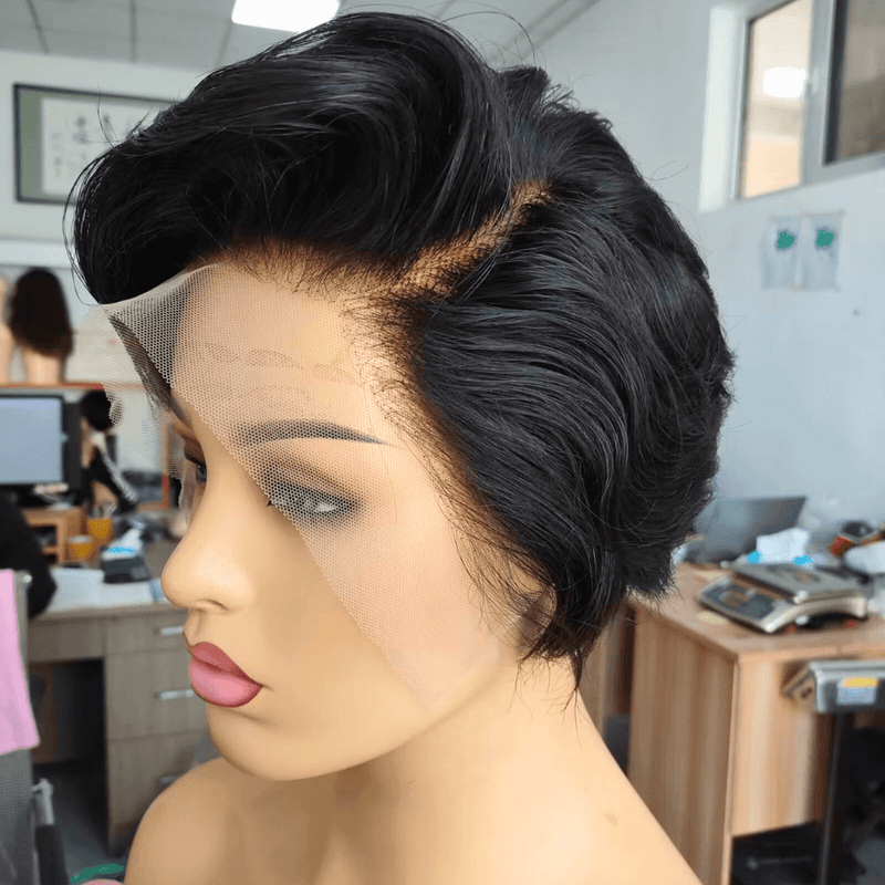 Frontal Pixie Cut Wig 100% Human Hair Black Color for African American-1