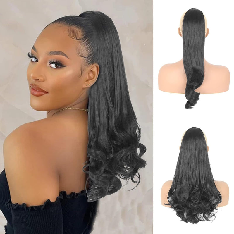 18inch Yaki Drawstring Ponytail Hair Extension Kinky Straight Black Ponytail with Curly End, Thick Straight High Pony Tail with Loose Wave End Hair Piece for Black Women