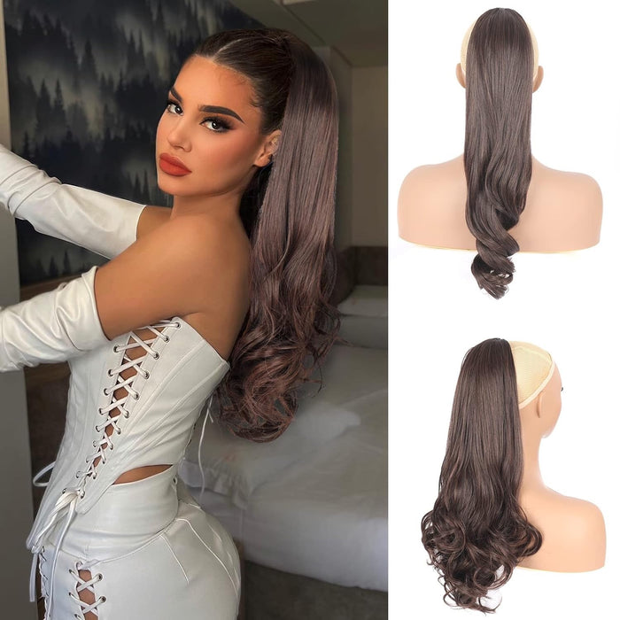 18inch Yaki Drawstring Ponytail Hair Extension Kinky Straight Black Ponytail with Curly End, Thick Straight High Pony Tail with Loose Wave End Hair Piece for Black Women