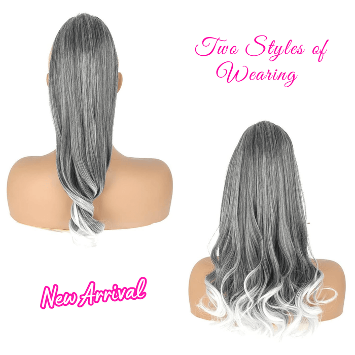 18inch Yaki Drawstring Ponytail Hair Extension Kinky Straight Black Ponytail with Curly End, Thick Straight High Pony Tail with Loose Wave End Hair Piece for Black Women