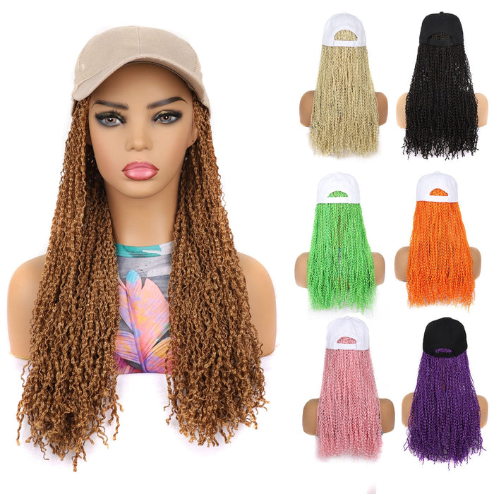 VAVANGA 20inch Long Black Baseball Cap with Hair Attached, Hat Wig with Synthetic Curly Hair extension attached Baseball hat Hair Piece Braided Wig Hat for Women