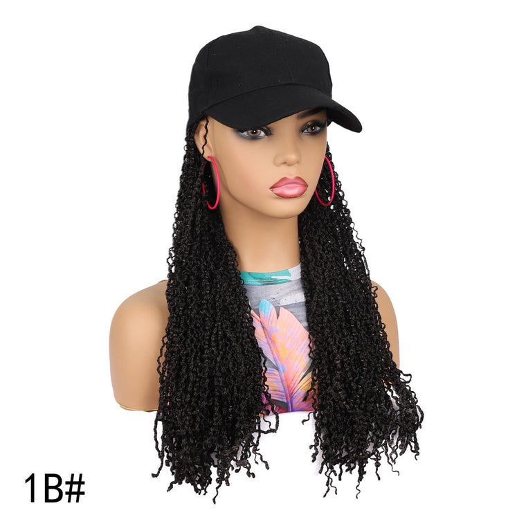 VAVANGA 20inch Long Black Baseball Cap with Hair Attached, Hat Wig with Synthetic Curly Hair extension attached Baseball hat Hair Piece Braided Wig Hat for Women