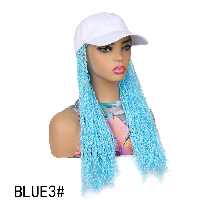 VAVANGA 20inch Long Black Baseball Cap with Hair Attached, Hat Wig with Synthetic Curly Hair extension attached Baseball hat Hair Piece Braided Wig Hat for Women