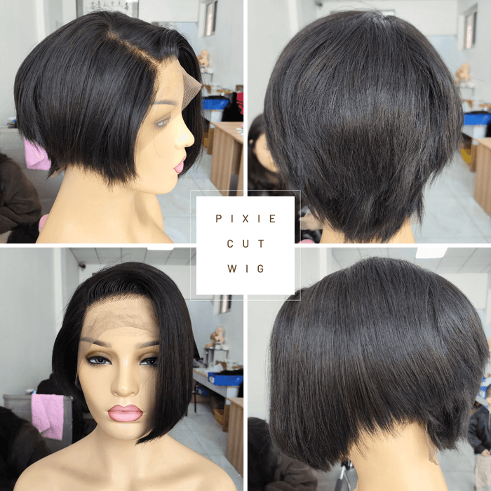 Pixie Cut Human Hair Bob Wig Side Part Lace Front for African American-a