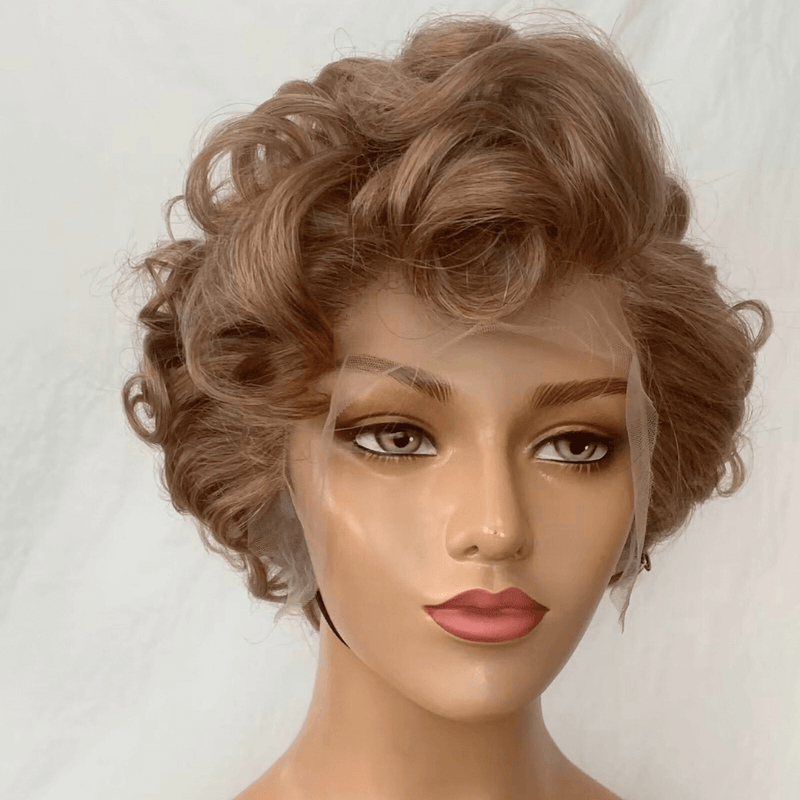 Light Brown Wavy Pixie Cut Lace Wig Brazilian Hair for African American-1