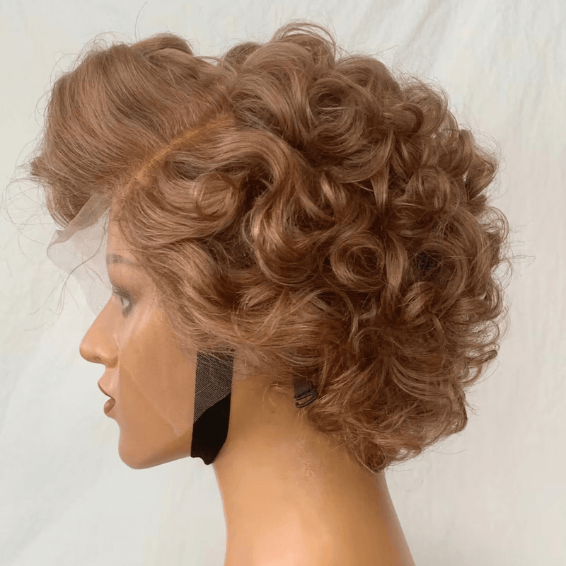 Light Brown Wavy Pixie Cut Lace Wig Brazilian Hair for African American-2