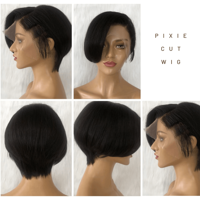 Pixie Cut Wig with Frontal Human Hair Side Part Bangs for African American-a
