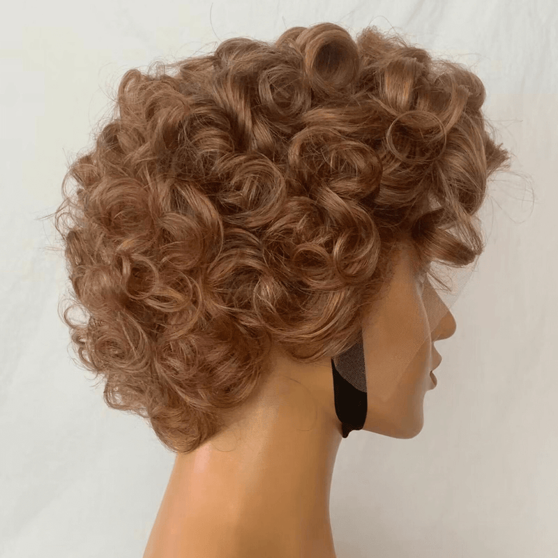 Light Brown Wavy Pixie Cut Lace Wig Brazilian Hair for African American-3