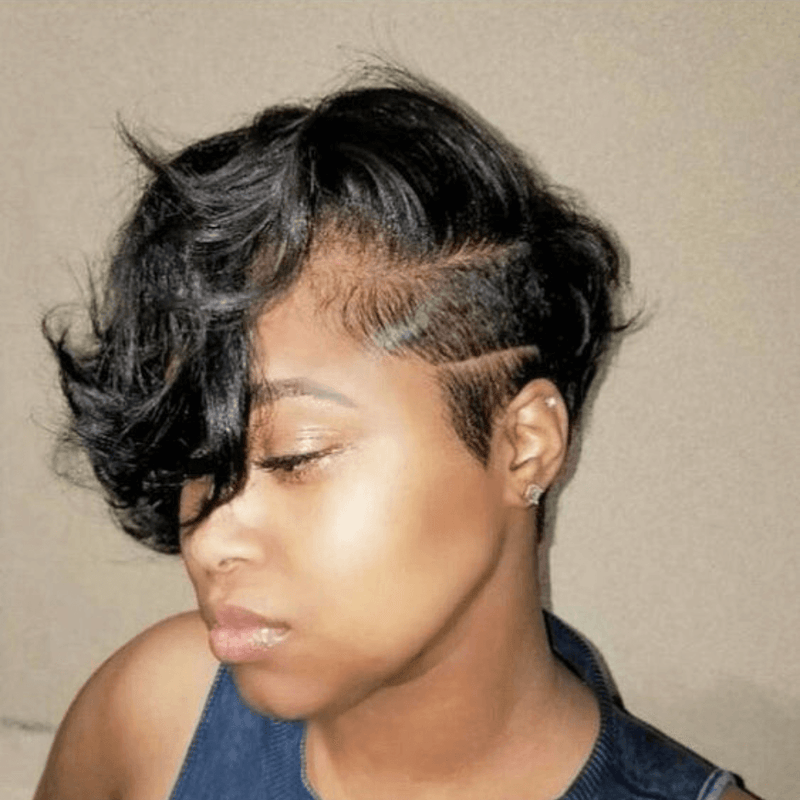 100% Human Hair Short Pixie Wigs with Side Part Bangs for African American-model