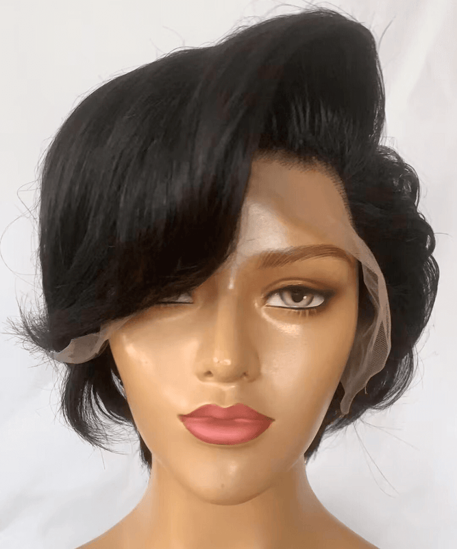 Black Pixie Cut Human Hair Lace Wig Wavy with Side Part Bangs-1
