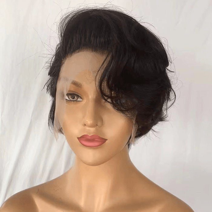 100% Human Hair Short Pixie Wigs with Side Part Bangs for African American-1