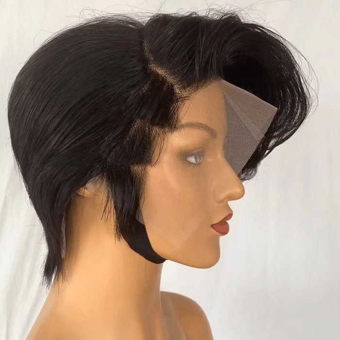100% Human Hair Short Pixie Wigs with Side Part Bangs for African American-3