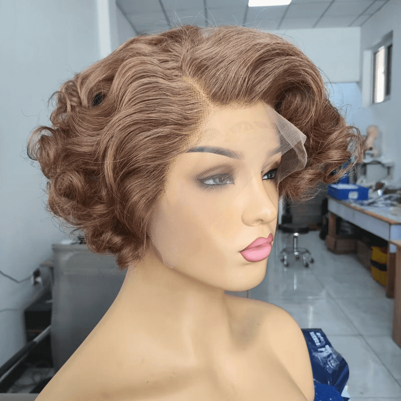 Brown Pixie Cut Wavy Wig Brazilian Hair Lace Front 13x4 for African American-2