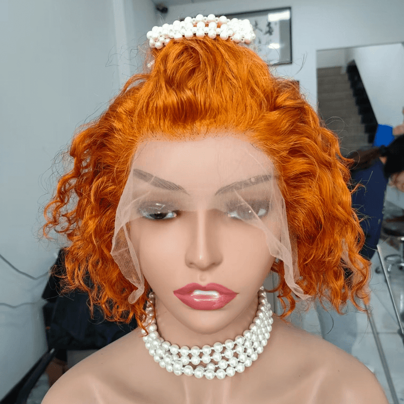 Orange Color Curly Bob Human Hair Lace Wig 13x4 for African American-1
