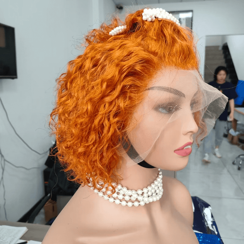 Orange Color Curly Bob Human Hair Lace Wig 13x4 for African American-2