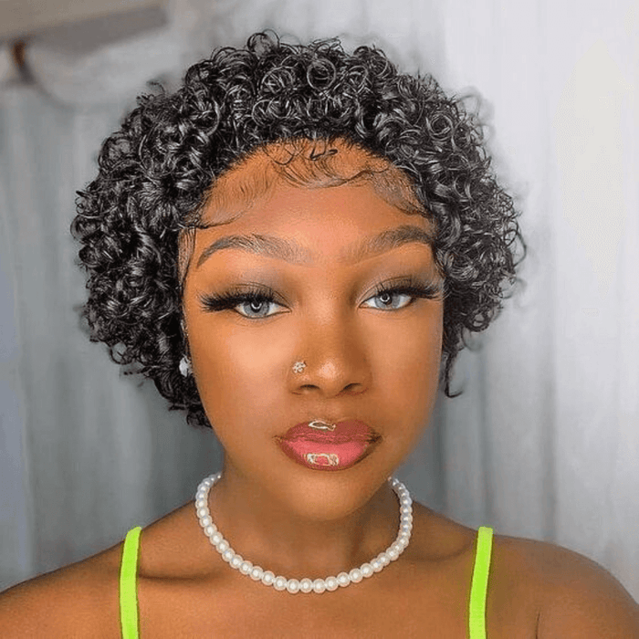 Brazilian Curly Pixie Cut Wig Human Hair Lace Frontal for African American-model
