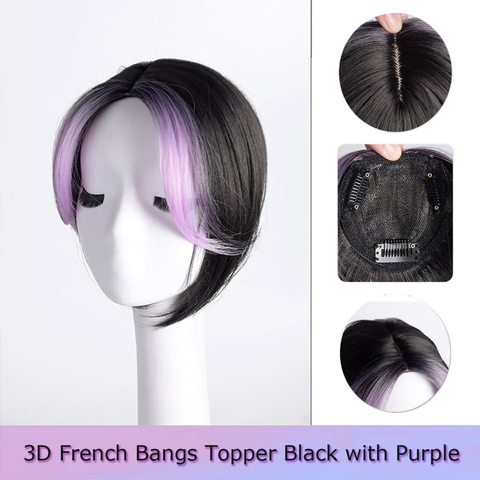 VANANGA Long Hair Topper with Bangs Clip in, 3D French Bangs Topper Black with Purple Highlight Color Flat Wispy Bangs 10inch Curtain Bangs Fake Fringe 360° Cover Hair Piece for Women