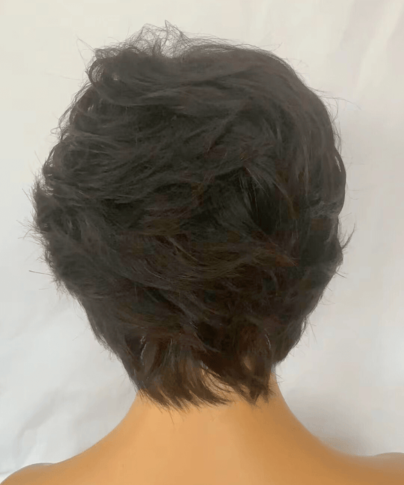 Black Pixie Cut Human Hair Lace Wig Wavy with Side Part Bangs-2