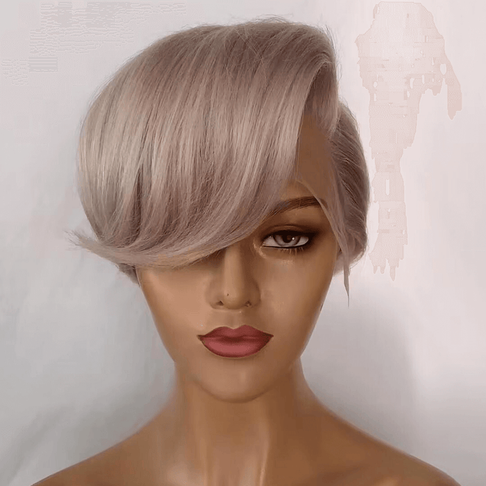 Grey  Human Hair Pixie Cut Lace Frontal Wig with Bangs for African American-1