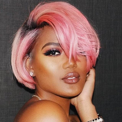 Short Pixie Cut Wig Pink Color with Black Roots Layered Glueless Human Hair Pixie Wig with Bangs for Black Women Non-lace Full Machine Made&nbsp;